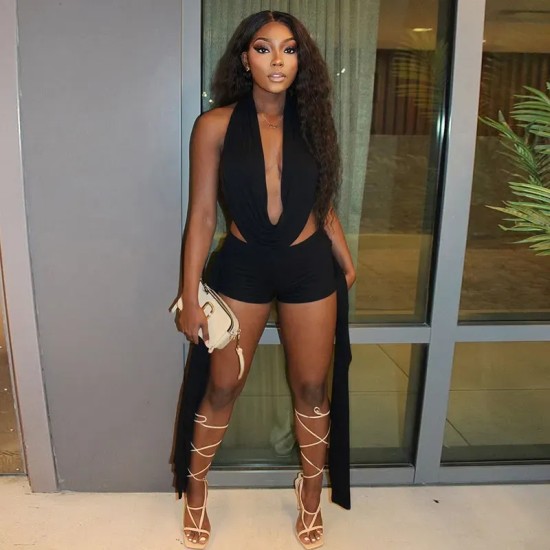 Women Sexy Solid Color Halter Top And Shorts Two-Piece Set