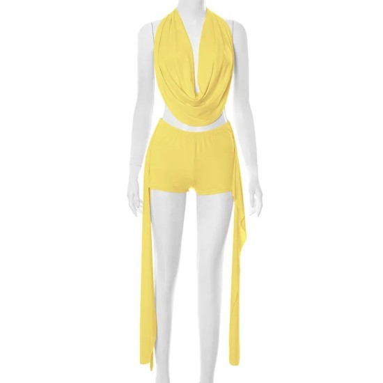 Women Sexy Solid Color Halter Top And Shorts Two-Piece Set