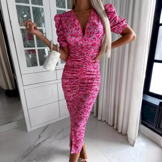 Women Fashion Sexy Floral Printed Deep V-Neck Short Sleeve Slim Fit Dress