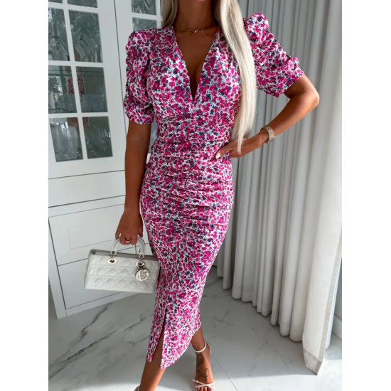 Women Fashion Sexy Floral Printed Deep V-Neck Short Sleeve Slim Fit Dress