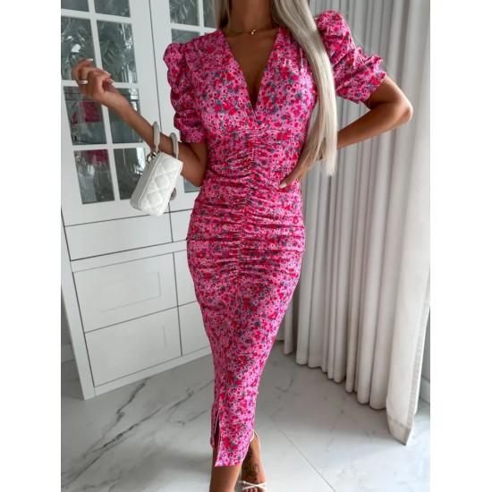 Women Fashion Sexy Floral Printed Deep V-Neck Short Sleeve Slim Fit Dress